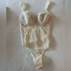 Victoria's Secret Ribbed and Lace Cream Teddy Bodysuit, 36C